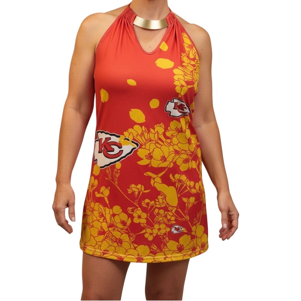 Kansas City Chiefs Halter Mini Dress Women Size M Red Floral Gold Collar Exc
